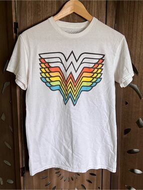 DC White Tee with Rainbow Wonder Woman-Inspired Logo